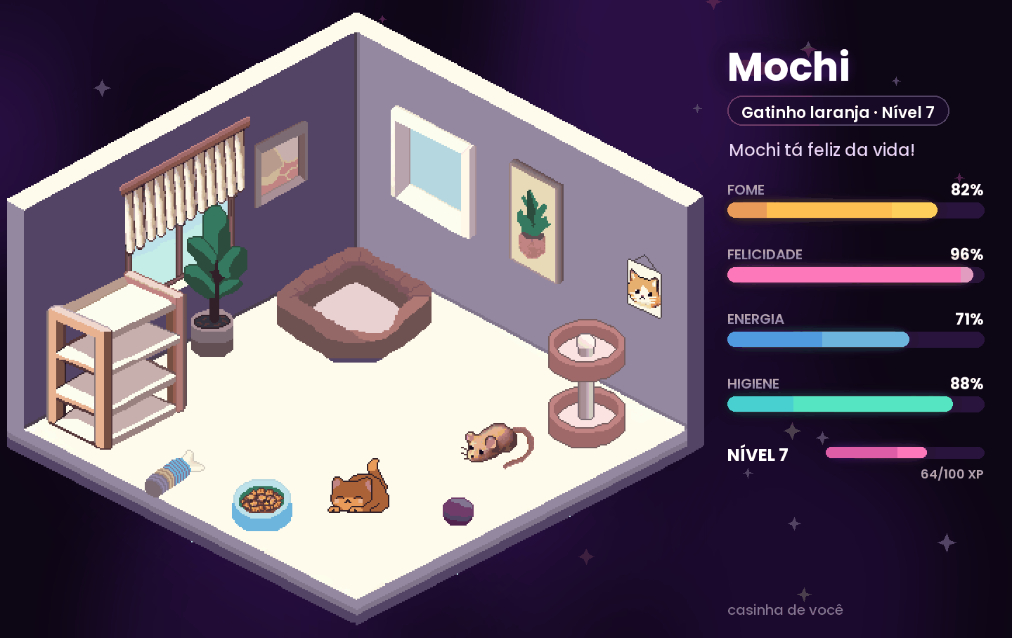 Casinha roxa com um gatinho laranja dançando