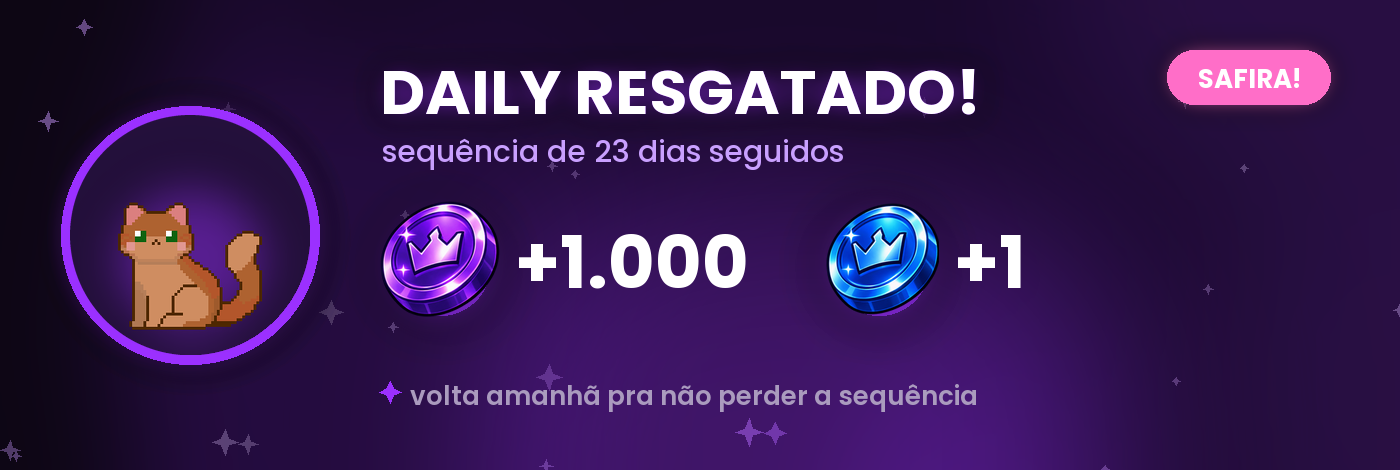 Cartão de recompensa: daily resgatado, +1.000 ametistas e +1 safira, sequência de 23 dias
