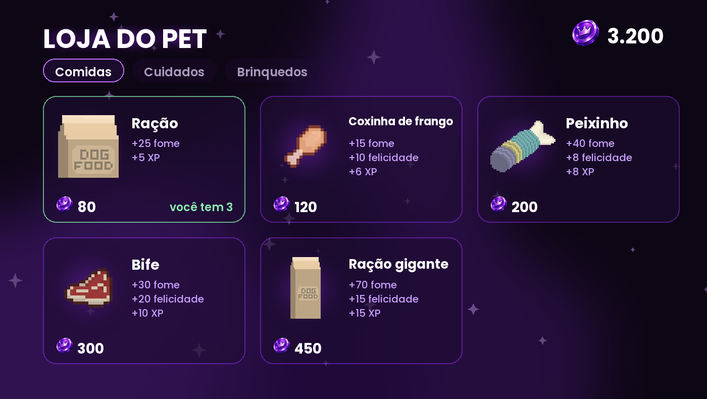 Loja do pet com ração, coxinha, peixinho, bife e ração gigante